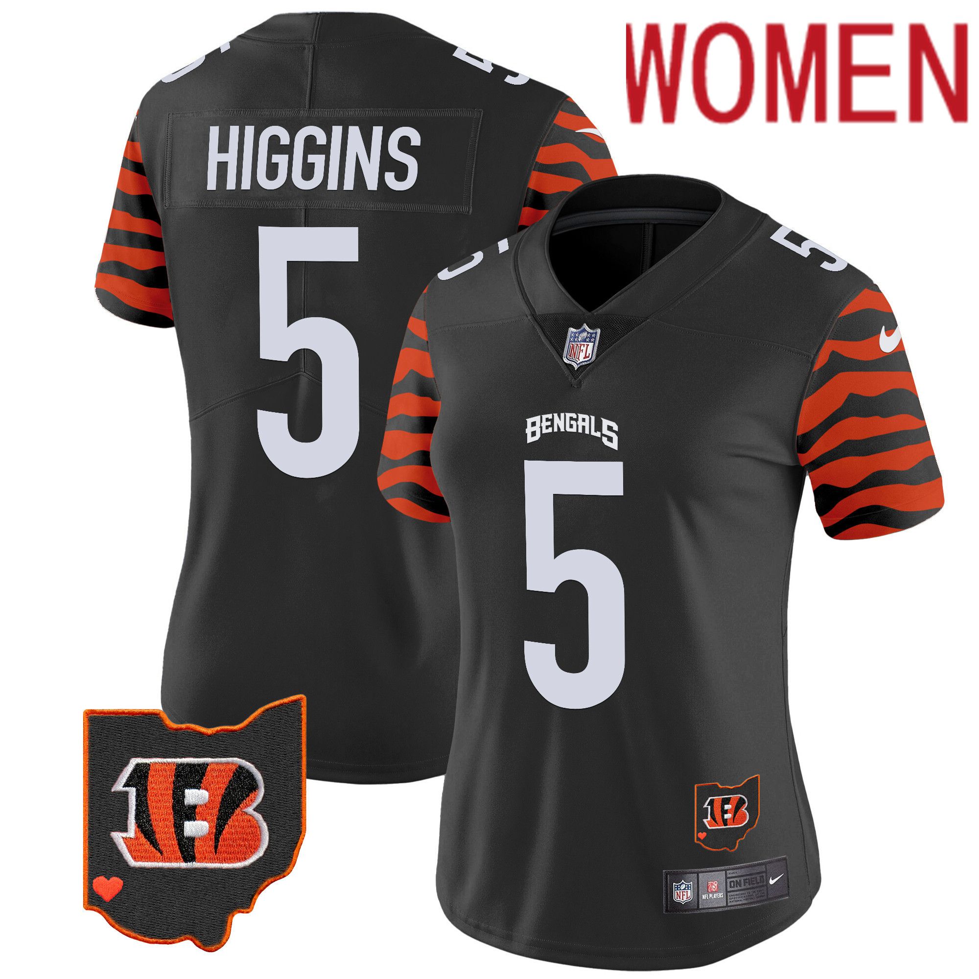 Women Cincinnati Bengals #5 Higgins Black 2024 Nike Stripes Vapor Limited NFL Jersey